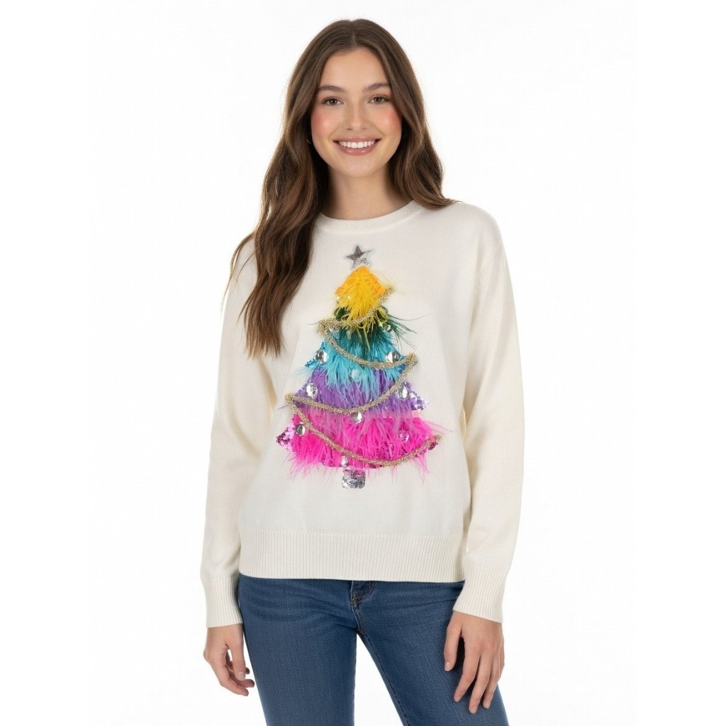 Nwt Queen Of Sparkles Feather Tinsel Trim Christmas Tree White Sweater S